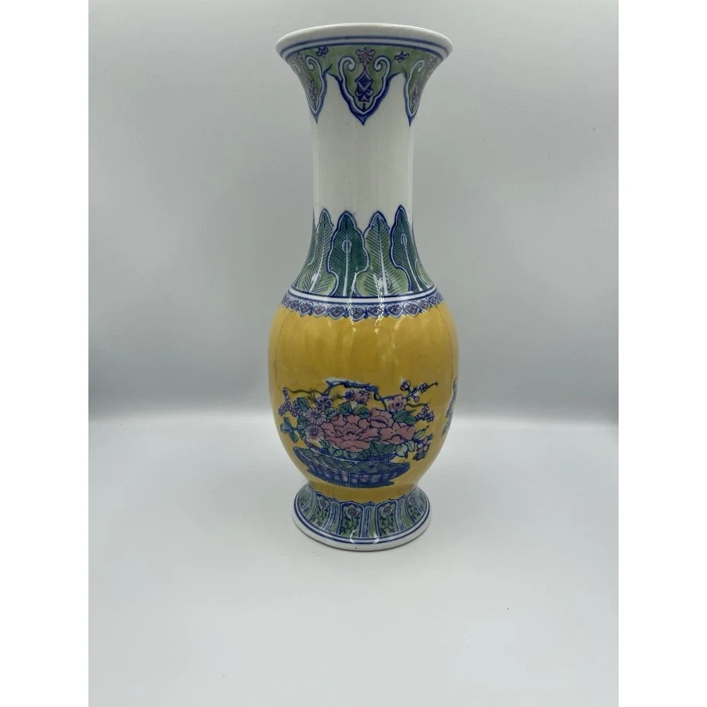 Vintage‎ Oriental Chinese Flower Vase Blue/Yellow/White